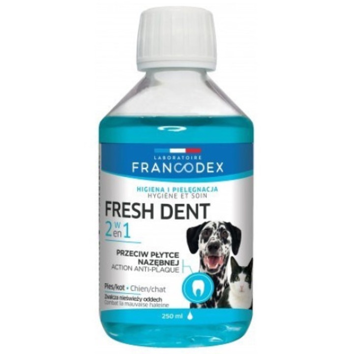 FRANCODEX Fresh Dent foghigiéniai termék, glutén- és szójamentes, gyümölcs ízű, kutyáknak és macskáknak, 250ml