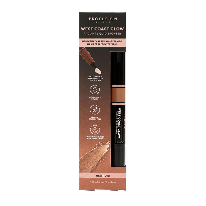 Bronzer lichid radiant, Newport, West Coast Glow, Profusion Cosmetics, 2 ml