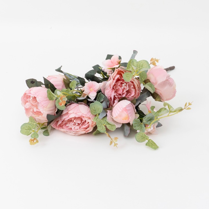 Buchet bujor artificial + eucalipt, culoare roz, 45x20 cm, B.S.P. / SL240_3