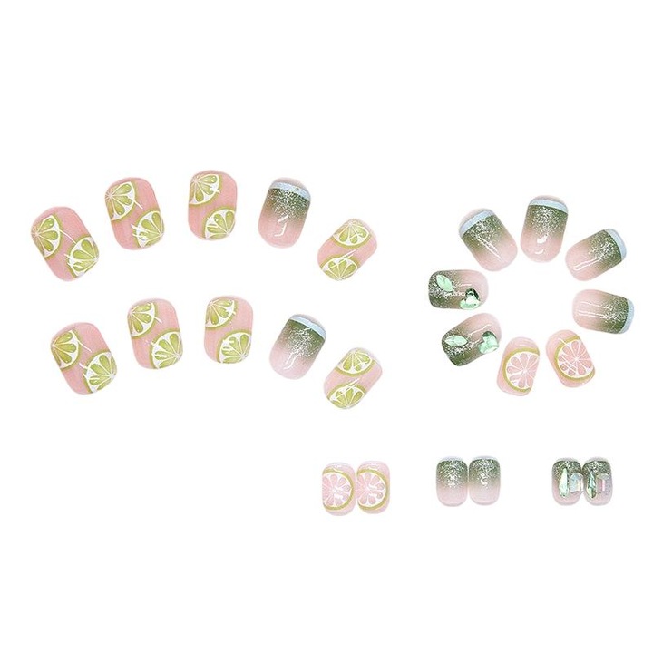 24 darabos szett, rányomható műköröm, páfrányzöld melange, akril, újrafelhasználható