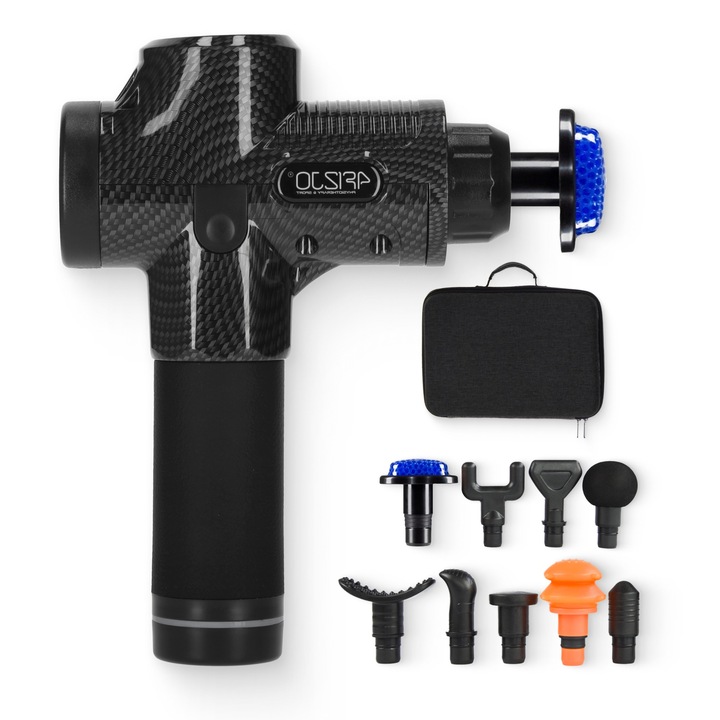 Масажор с пистолет, 4FIZJO, Професионален, с охлаждащ накрайник, 9 глави, 30 скорости, 3800 удара, за релаксация и тонизиране на мускулите, акумулаторна батерия 2500mAh, кутия за съхранение, черен