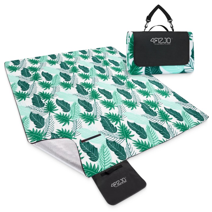 Patura de picnic 4FIZJO, cu folie izolatoare si maner, impermeabila, Pliabil, pentru 4 persoane, Compact, Material rezistent, Feece moale/PVC, 200 X 200 cm, Verde