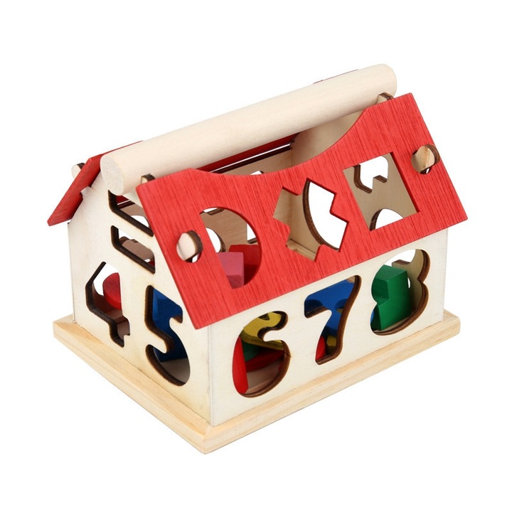Casa de sortare forme si numere Kidsbele, lemn, dezvoltare abilitati cognitive, 13.6x11.4x11cm, 1-3 ani