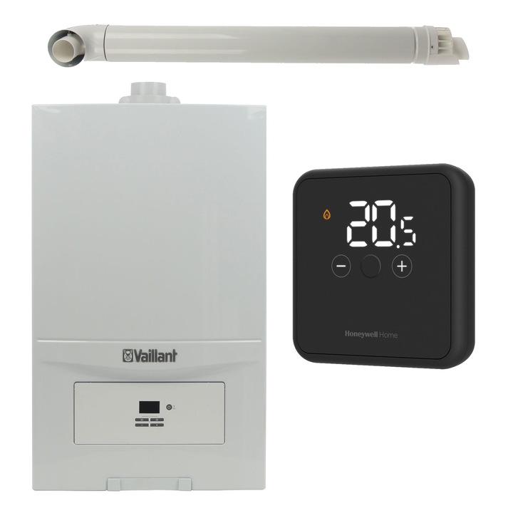 Pachet centrala termica Vaillant VUW 286/7-2 ecoTEC Pure 28 kW, gaz natural + GPL, murala, termostat Honeywell DT4R si kit evacuare RTM incluse