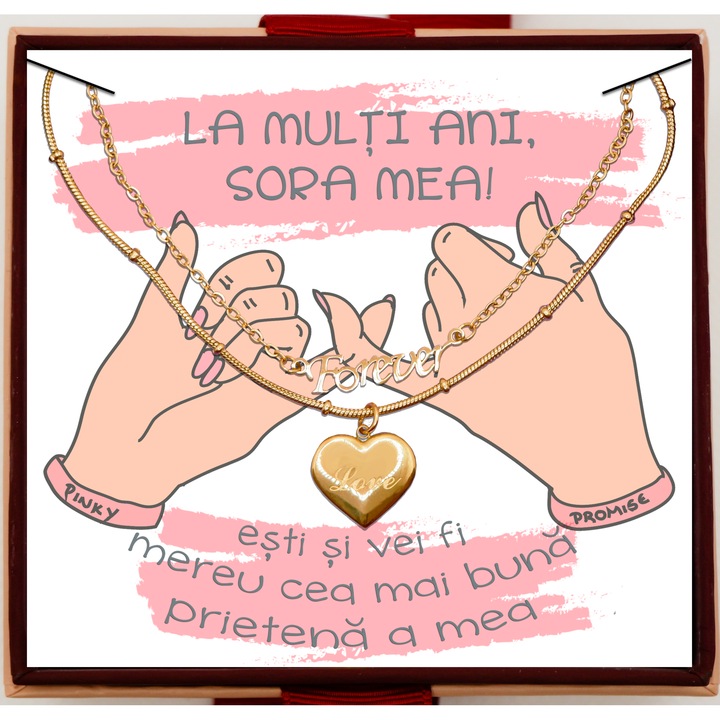 Set Cadou Pentru Sora - Lantisor Dublu cu Pandantiv in Forma de Inima Gravata "Love" si Text "Forever", Cutie cu Panglica si Card Metalic cu Dedicatie