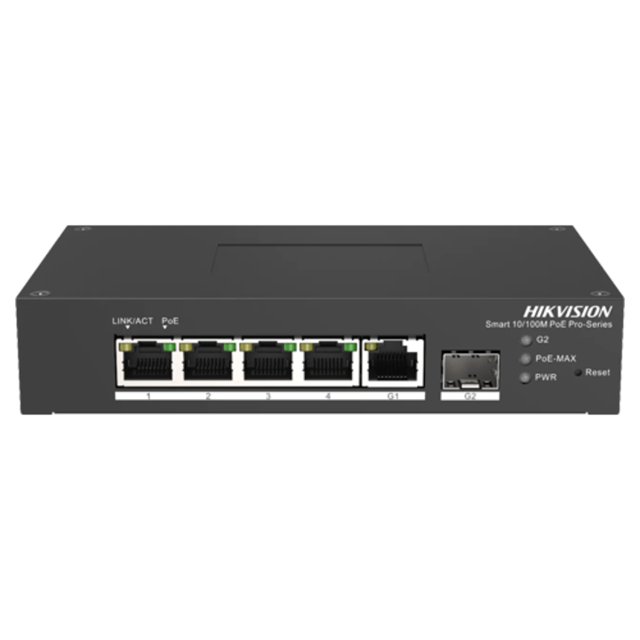 Суич HIKVISION DS-3T1306P-SI-HS, Smart управляван, 4 порта 10/100 MBps PoE, 1 Gigabit SFP порт, 1 Gigabit RJ45 порт
