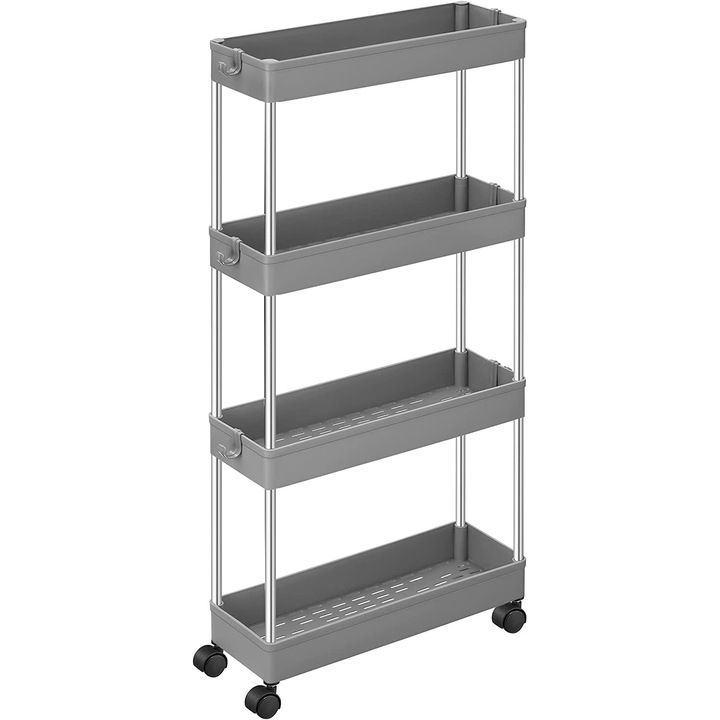 Carucior de depozitare pe roti, pentru bucatarie sau baie, din plastic, cu 4 nivele, 40x13x88cm, gri