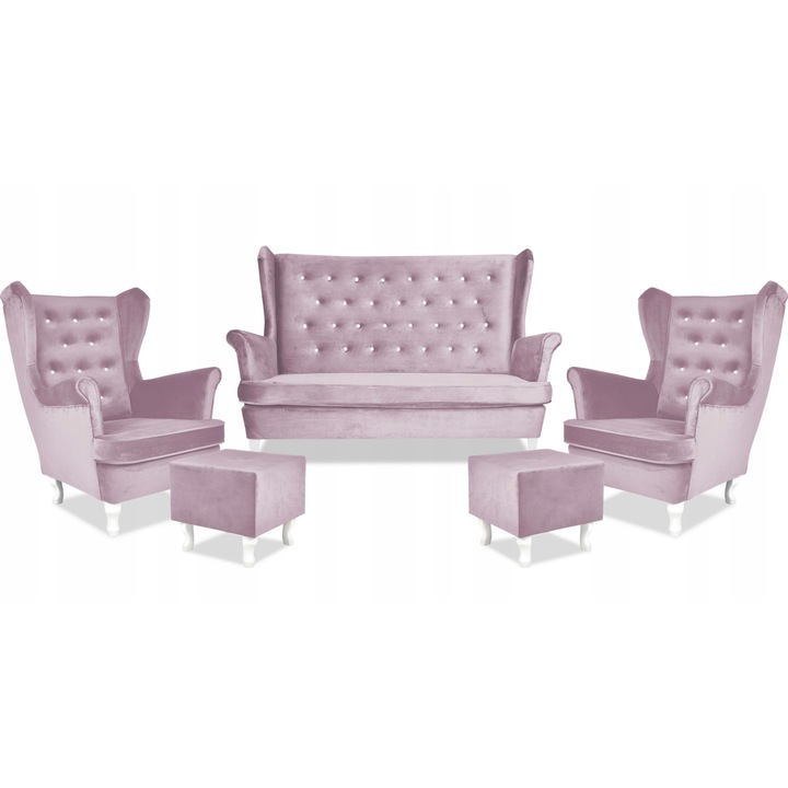 Set canapea, 2 fotolii si 2 suporturi FamilyMeble, Catifea/Lemn, Dimensiuni canapea 104x92x149 cm, Dimensiuni fotoliu 104x92x84 cm, Roz