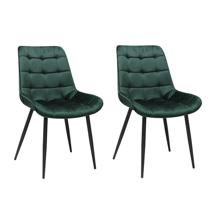 Set 2 scaune Onix Verde inchis, tapitate cu material textil, picioare metalice negre, verde inchis 87x53 cm