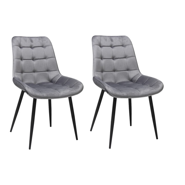 Set 2 scaune Onix Gri, tapitate cu material textil, picioare metalice negre, gri 87x53 cm