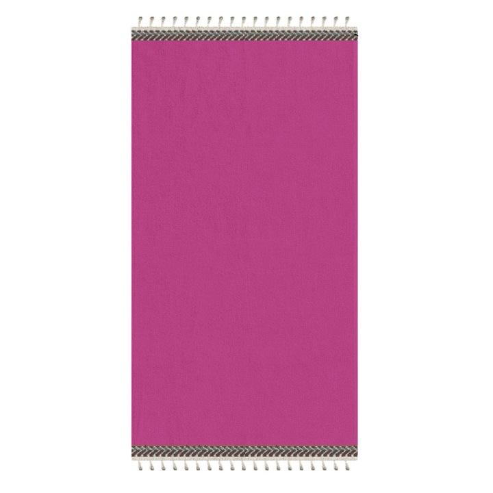 Prosop fucsia din bumbac pentru plaja Shopiens®, cu banda bej si ciucuri bej, 150 x 75 cm