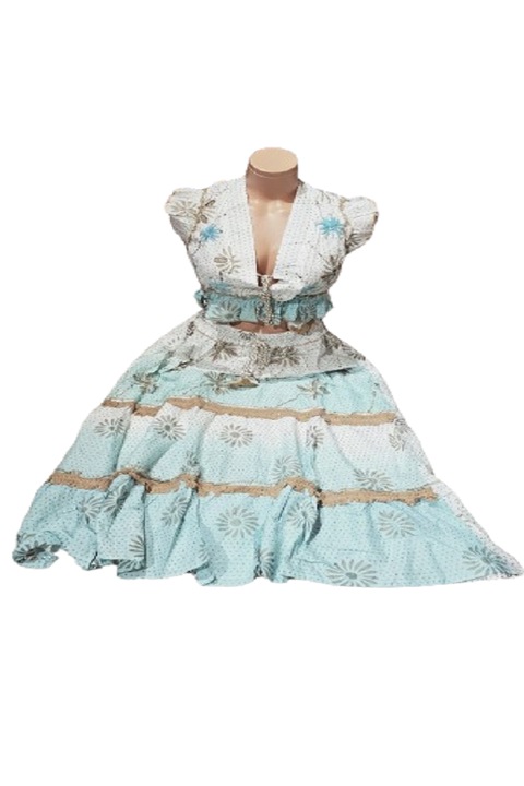 Compleu dama, fusta si bluza, bumbac, casual, multicolor cu insertii aurii, masura, Alb/Maro/Turcoaz