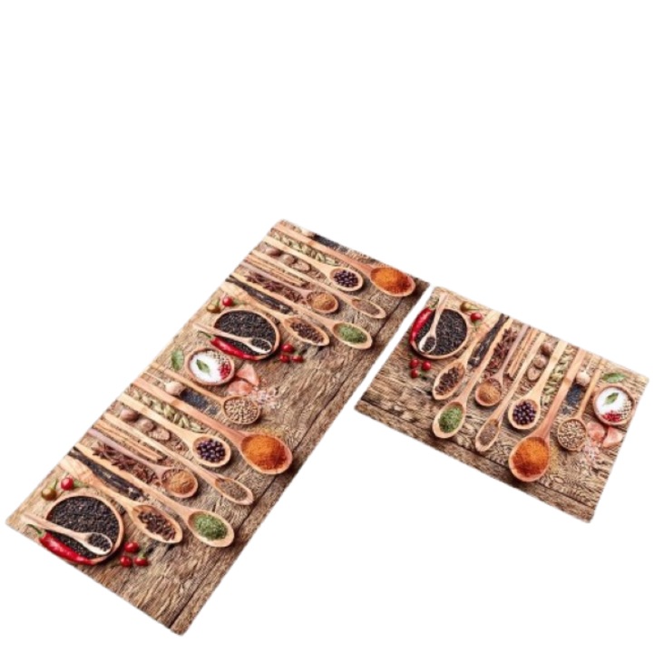 Set 2 covoare de Bucatarie, imprimeu Linguri Condimente, Antiderapant, 50x60cm, 50x120cm, Multicolor