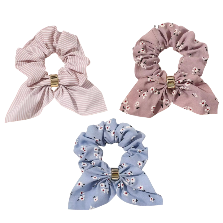 Set 3 elastice de par elegante cu funda si inel, scrunchies, culoare roz, albastru