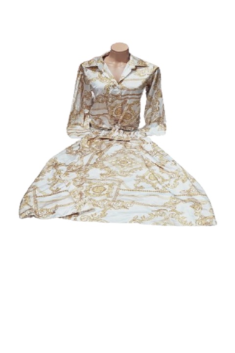 Compleu dama, fusta si camasa, cu imprimeu, Alb cu auriu, Masura Universala de la XS-M