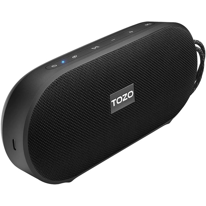 Boxa Portabila Wireless TOZO® PA1 Stereo Sound 20W, Extra Bass, Autonomie 25h, Functie Apel Bluetooth, Microfon, 4000 mAh, Incarcare Rapida, Control Aplicatie Personalizare Sunet, Asociere Duala, IPX7, Black