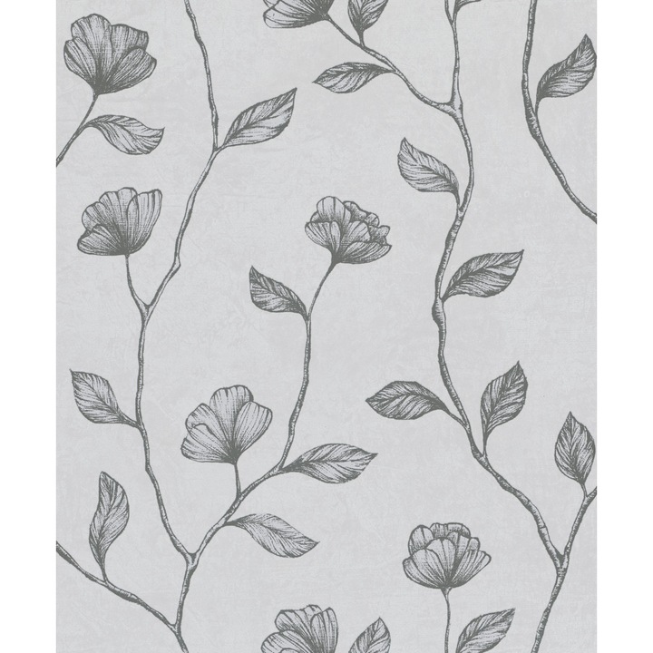 Tapet decorativ vlies model cu frunze texturat argintiu-gri 34802 0.53m x 10m