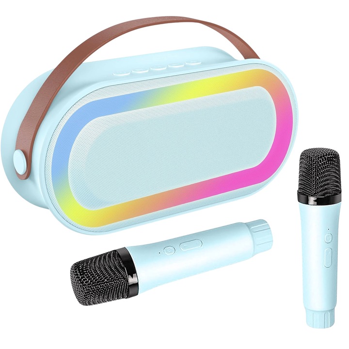 Set 2 Microfoane Karaoke Copii si Adulti cu Boxa Portabila, Wireless, Lumini LED, 4 Efecte Voce, Player MP3, MicroSD Card, Bluetooth 5.3, Baterie 3000mAh, Albastru