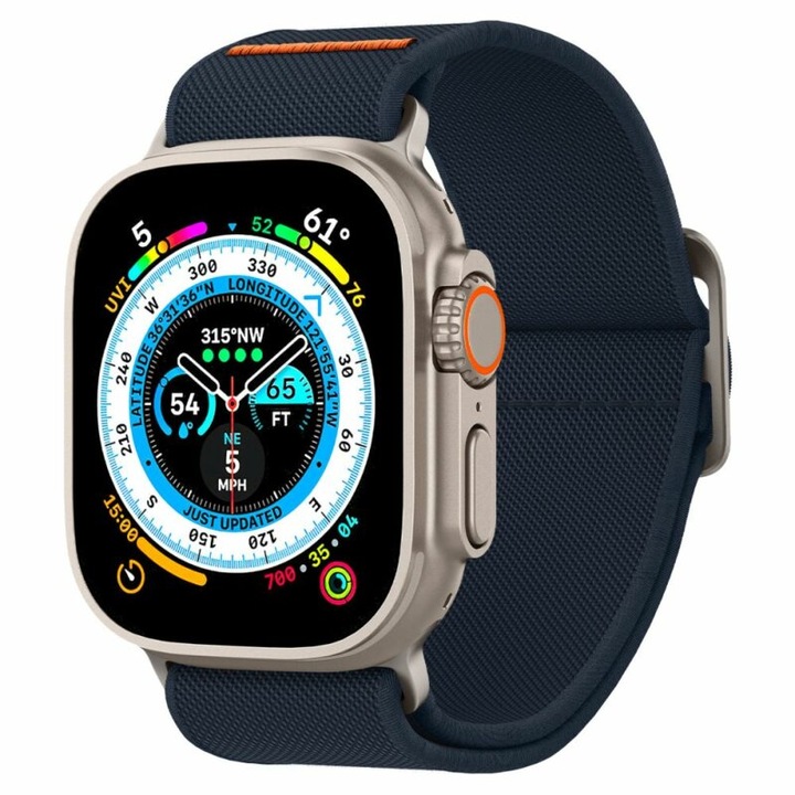Текстилна каишка за часовник Spigen, съвместима с Apple Watch 1/2/3/4/5/6/7/8/9/SE/SE 2/Ultra/Ultra 2, 42/44/45/49 mm, найлон, тъмно син