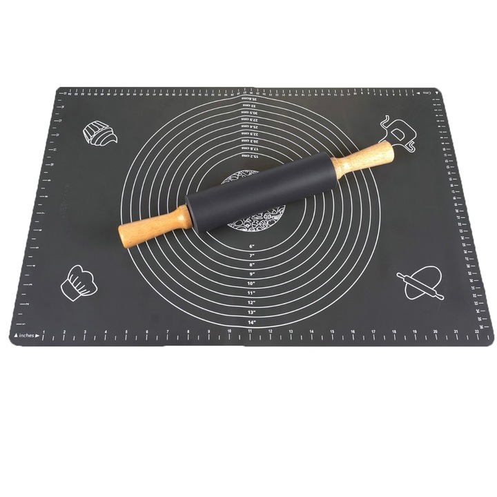 Szilikon fólia és sodrófa készlet, Zola, ideális tészta vagy cukorpaszta kinyújtásához, -60+250 fok, 70 x 50 cm, antracitszürke