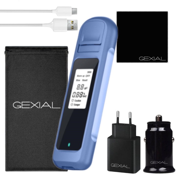 Тестер за алкохол GEXiAL™️, Алкотестер с LCD цифров дисплей, Точност 0,01 bac, Акумулатор 200 mAH, Син цвят, USB кабел, Адаптер за кола 2x Type C порта и USB 15W, Адаптер за щепсел, Капак за съхранение и Почистваща кърпа са включени