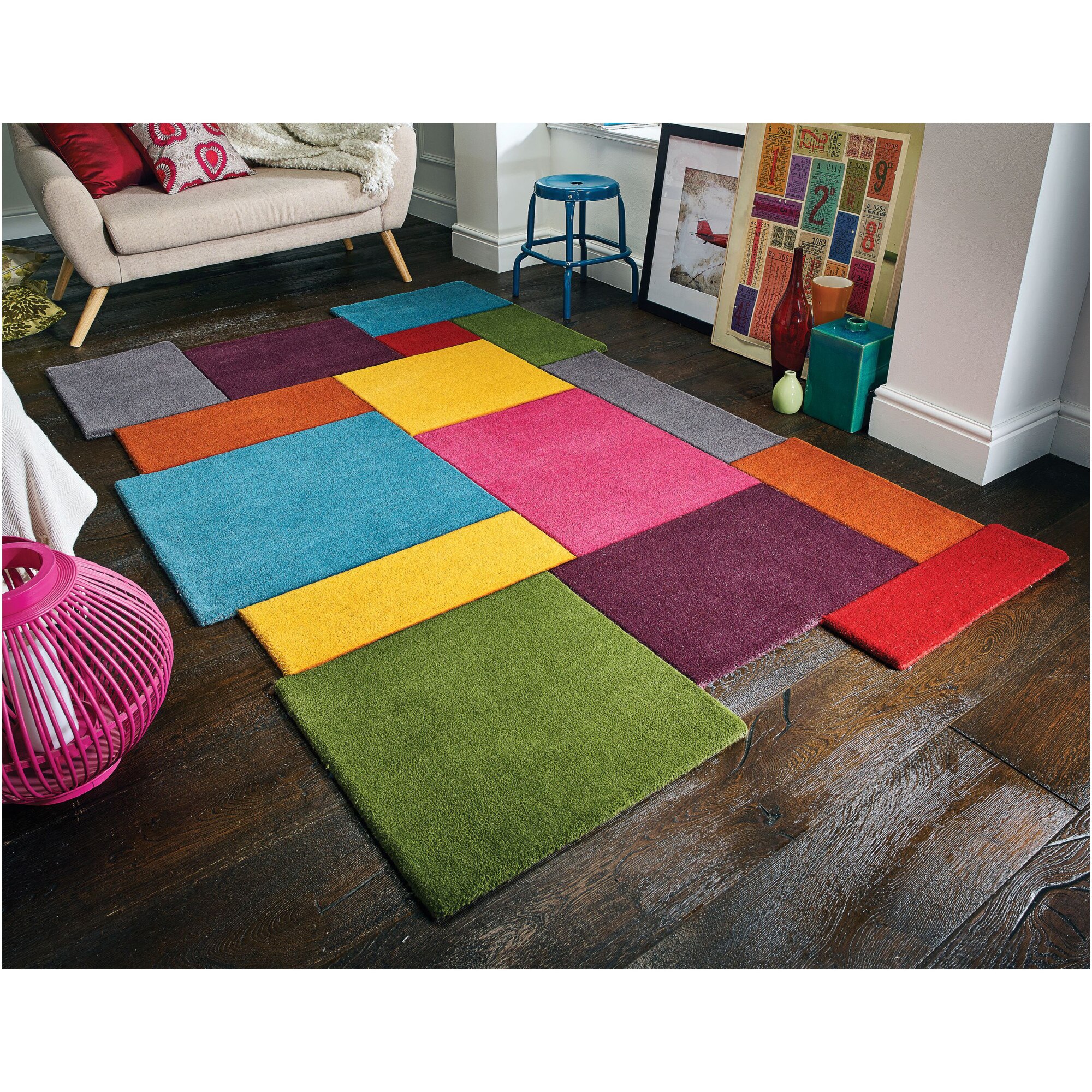 Covor dreptunghiular Flair Rugs Collage, 90 x 150 cm, 3900 g/m², 100% Lana, Multicolor