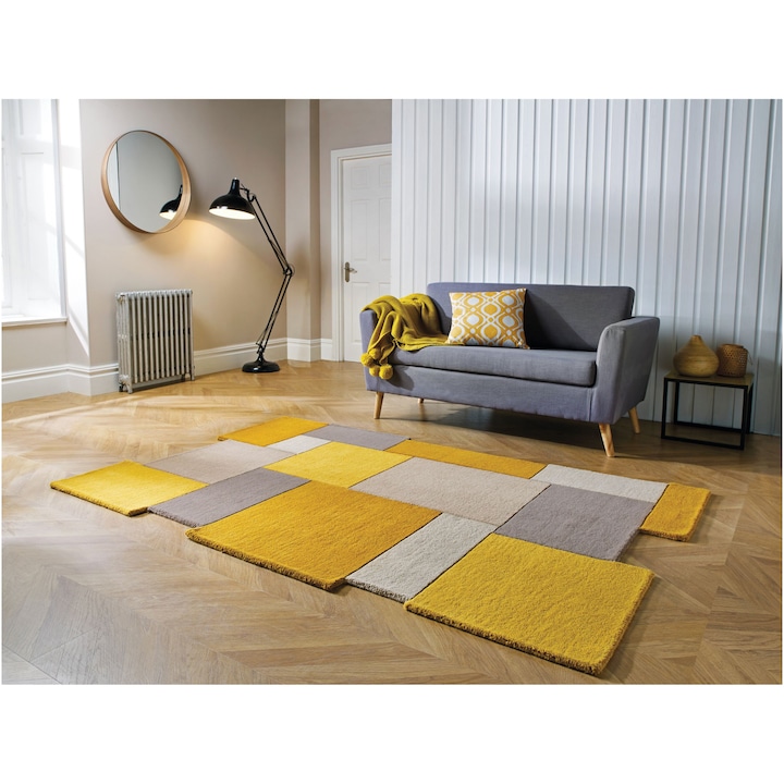 Правоъгълен килим Flair Rugs Collage, 90 x 150 см, 3900 гр/м², 100% вълна, Охра/Кремав