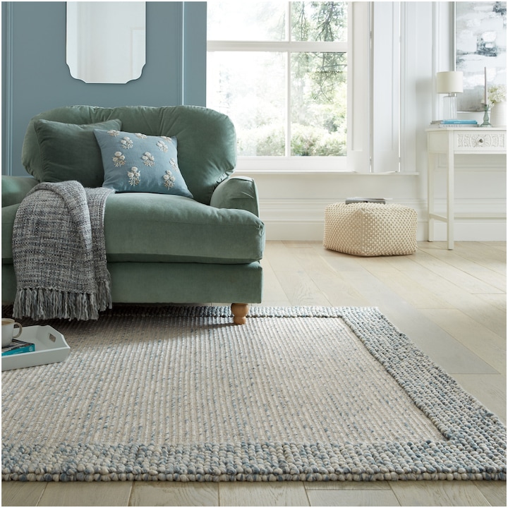 Правоъгълен килим Flair Rugs Bobble Wool Border, 160 x 230 см, 2000 г/м², 78% вълна, 22% полиестер, Син