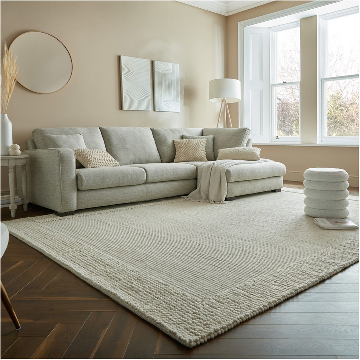 Правоъгълен килим Flair Rugs Bobble Wool Border, 160 x 230 см, 2000 г/м², 70% вълна, 30% найлон, Слонова кост