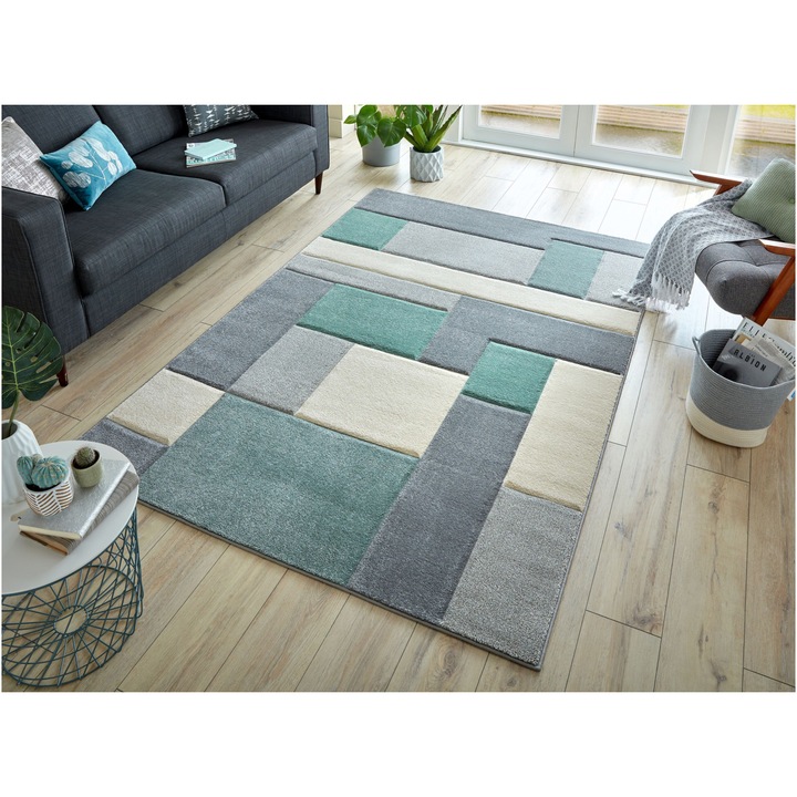 Правоъгълен килим Cosmos Flair Rugs, 160 x 230 см, 2600 гр/м², 100% полипропилен, Ментово зелен/Сив/Кремав