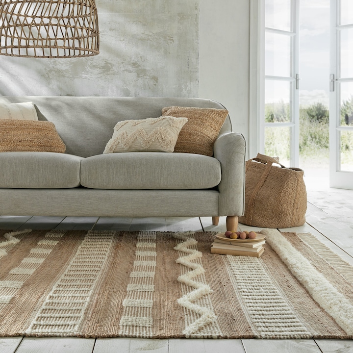 Covor dreptunghiular Flair Rugs Medina Jute, 120 x 170 cm, 2000 g/m², 60% Iuta, 26% Lana, 10% Bumbac, 3% Poliester, 1% Nailon, Crem / Ivoar