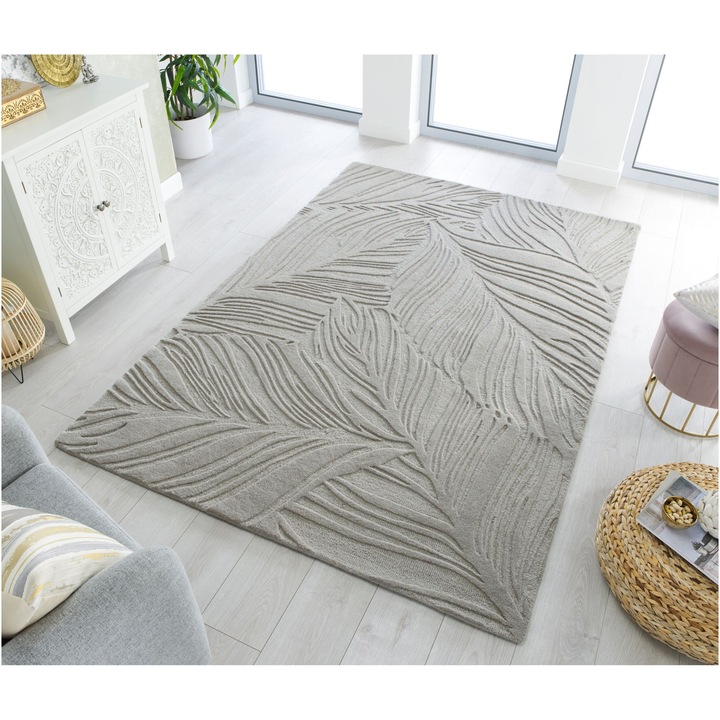 Правоъгълен килим Flair Rugs Lino Leaf, 120 x 170 см, 3700 г/м², 100% вълна, Сив