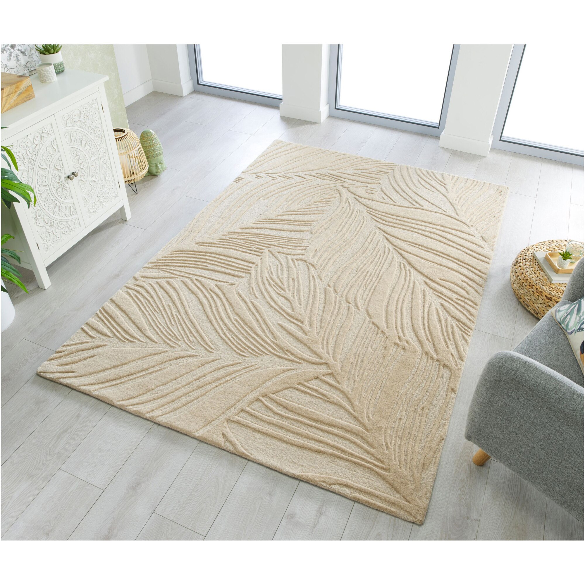 Covor dreptunghiular Flair Rugs Lino Leaf, 200 x 290 cm, 3700 g/m², 100% Lana, Crem