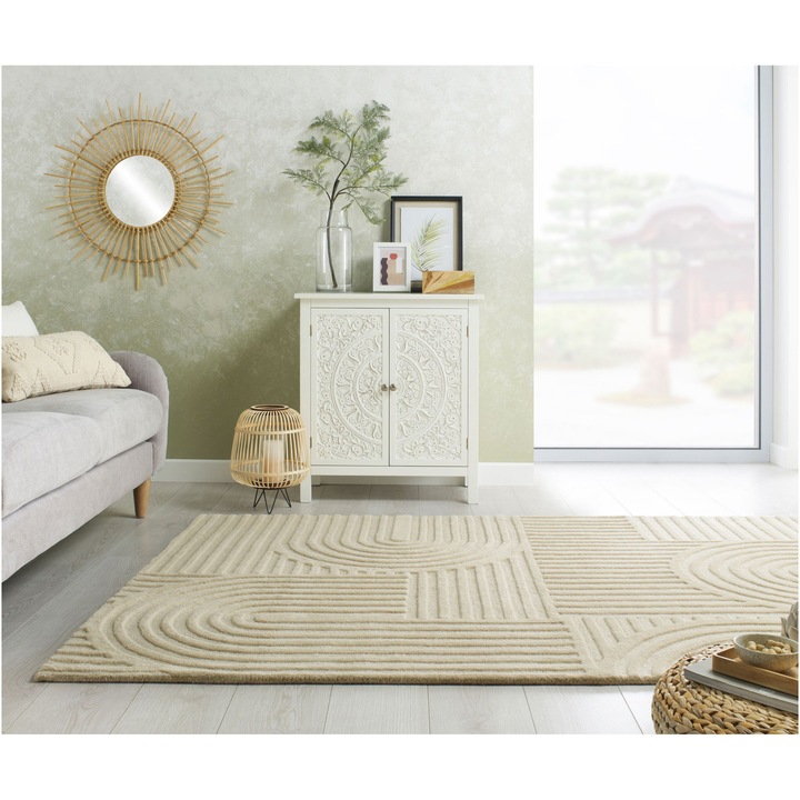 Правоъгълен килим Flair Rugs Zen Garden, 120 x 170 см, 3700 г/м², 100% вълна, Кремав