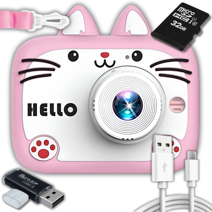 Camera foto digitala pentru copii, ZeeTech, Buna, 40 Mpx, Card MicroSD de 32 GB, Jocuri, 1080p, Ecran de 2", Roz