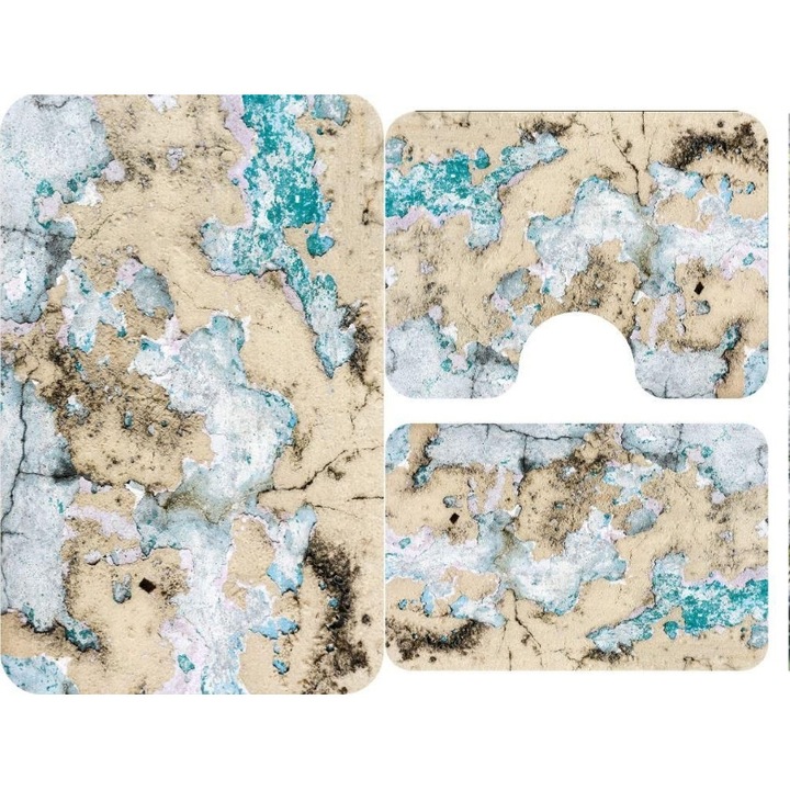 Set 3 covoare de Baie, imprimeu Marmurat M1, Antiderapant, 50x60cm, 50x80cm, 60x100cm, Multicolor