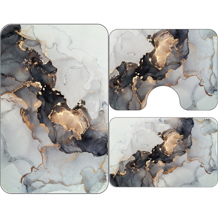 Set 3 covoare de Baie, imprimeu Marmurat M4, Antiderapant, 50x60cm, 50x80cm, 60x100cm, Multicolor