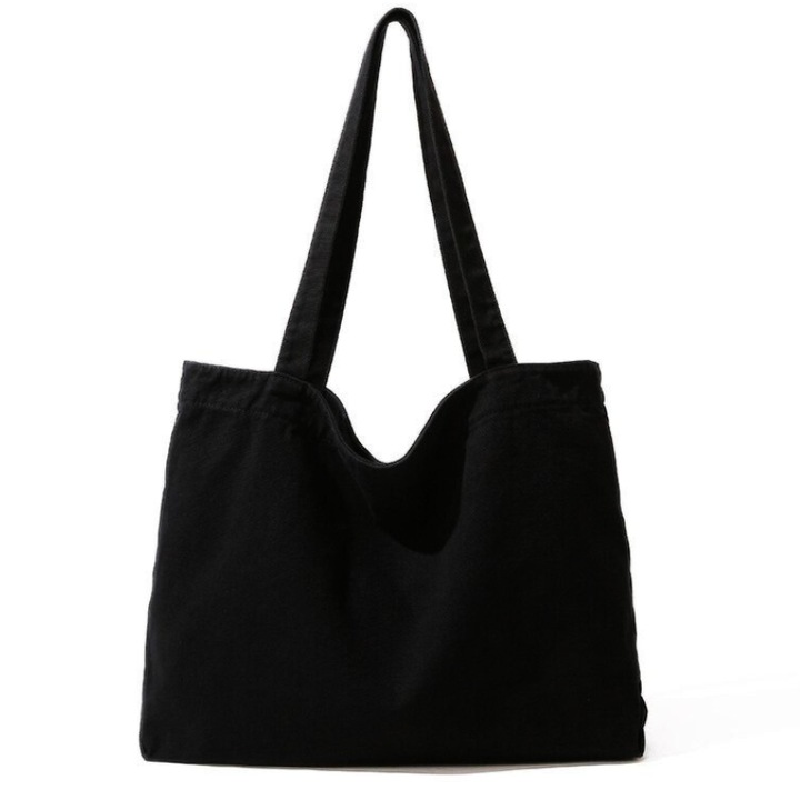 Geanta Tote din Bumbac, Ledera, tip Shopper, Sacosa, Panza model Canvas, Negru, 51x 34, 5x 15 cm