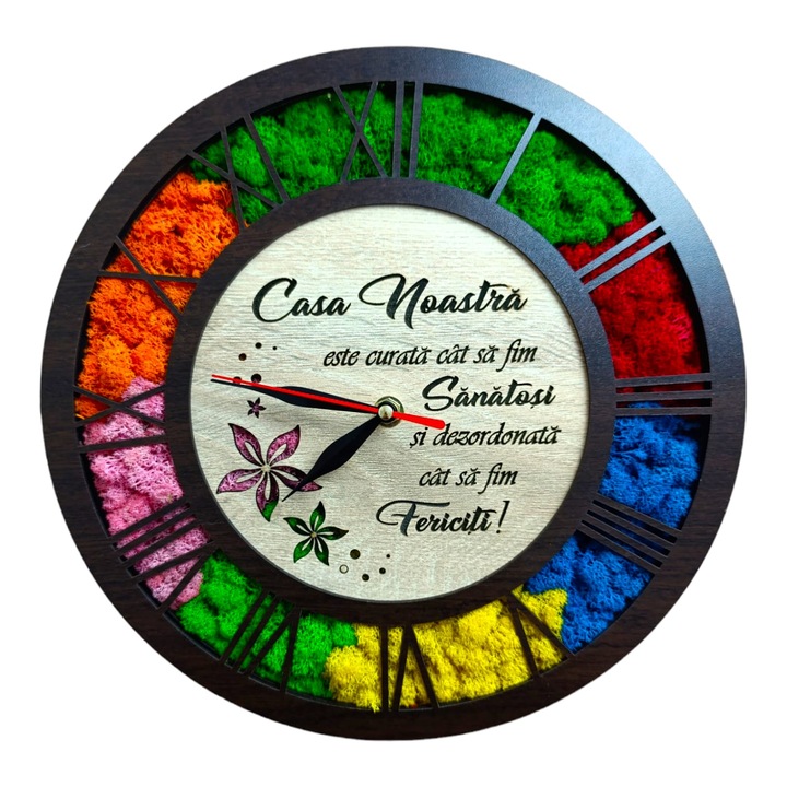 Ceas de perete decorat cu licheni naturali stabilizati, personalizat cu mesaj standard pentru prieteni, familie, nasi, fini, "Casa noastra...", 30cm, model 1, wenge
