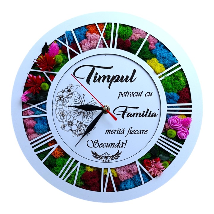 Ceas de perete decorat cu licheni naturali stabilizati, personalizat cu mesaj standard pentru prieteni, familie, nasi, fini, "Timpul petrecut cu familia merita fiecare secunda!", 30cm, model 2, alb