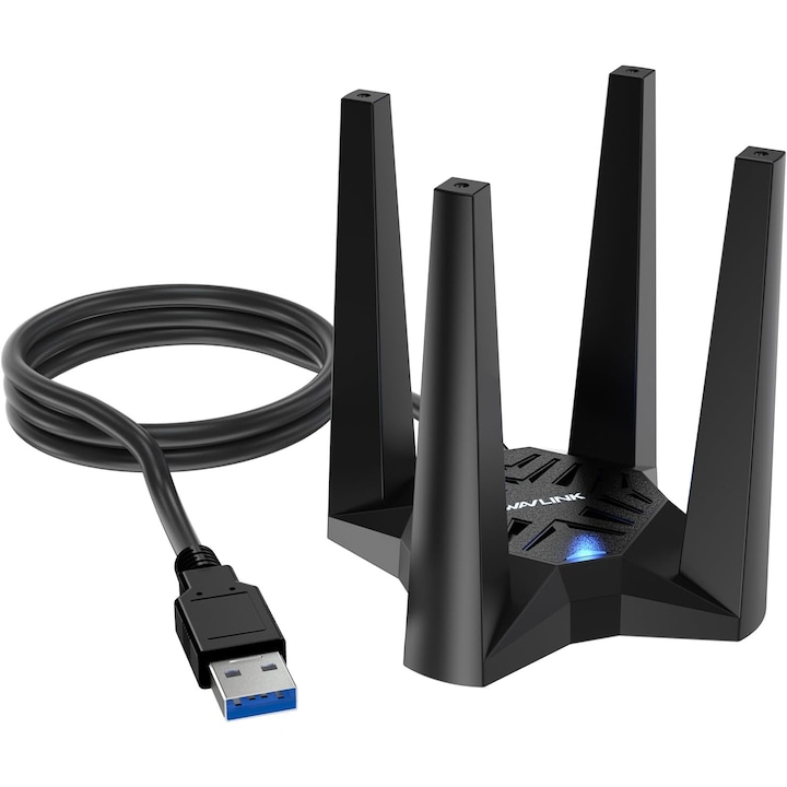 WiFi 6 vezeték nélküli adapter, AX1800, kétsávos, 5 GHz / 2,4 GHz, 1201 Mbps/574 Mbps, WPA3 titkosítás, hotspot mód, OFDMA és MU-MIMO, mágneses alap, csak Windows 10/11, Wavlink