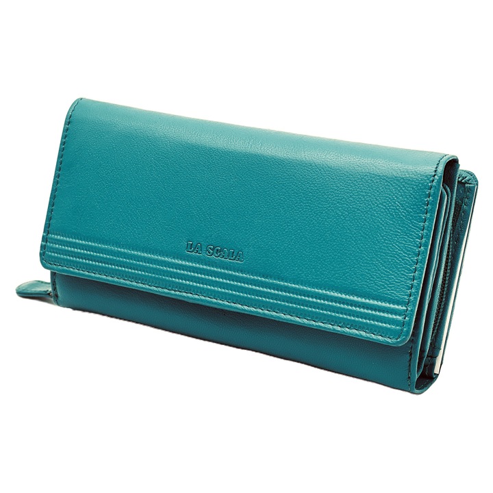 Portofel Turcoaz Piele Naturala de Dama, Micutz®, 19x10x5 cm, La Scala Luxury, 31 de sloturi pentru carduri, 5 spatii pentru acte si documente