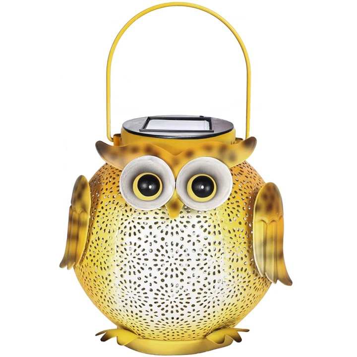 Lampa Solara Elindor® Lampa cu Lumina Calda Exterioara, Bec Solar Ideal pentru Gradina, Curte, Garduri, Scari, Terase, Balcoane, Impermeabila IP44, 600mAh, Automata, Model Bufnita, Galben