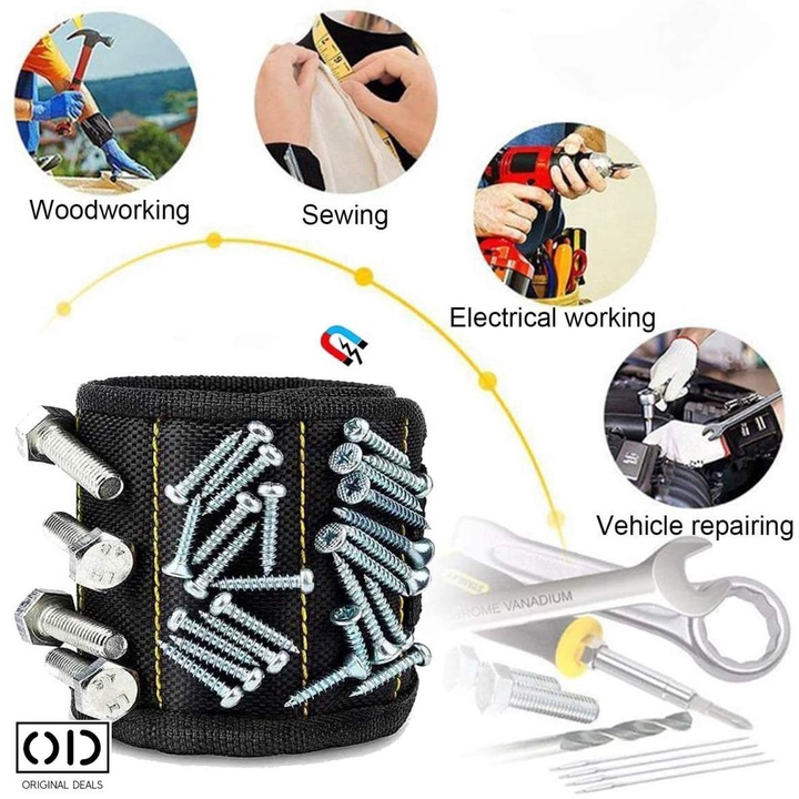 Bratara Magnetica pentru Tinut Suruburi, Cuie si Dibluri, 15 Magneti Puternici Neodim, Reglabila, Negru, ORIGINAL DEALS