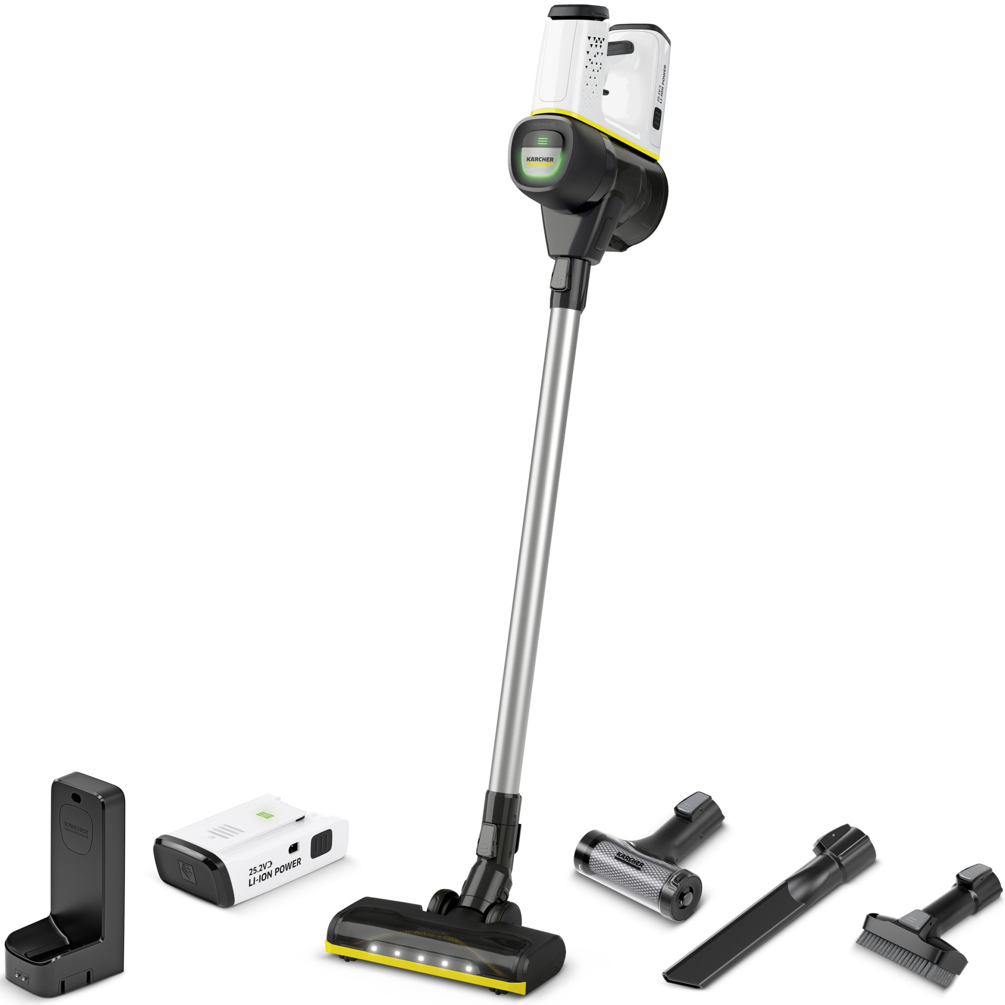 Aspirator vertical Karcher VC 6 Cordless ourFamily Battery Plus, 250 W, 2 acumulatori 25,2 V/2,5 Ah, autonomie max. 50 min, recipient 0,8 l, filtru HEPA 12, duza activa cu LED, suport de perete, 2 trepte de putere, functie Boost, 1.198-677.0, Alb/Negru