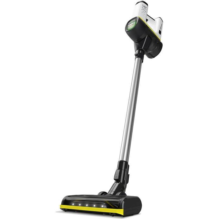 Вертикална прахосмукачка Karcher VC 6 Cordless ourFamily Battery Plus, 1.198-677.0, 250W, 2 степени на скорост, 25.2 V, 2.5 Ah, 800 мл, HEPA филтър 12, Батерия 25.2 V / 2.5 Ah (2 броя), Голям универсален накрайник с LED за подове, Стенна скоба, Бял/Черен