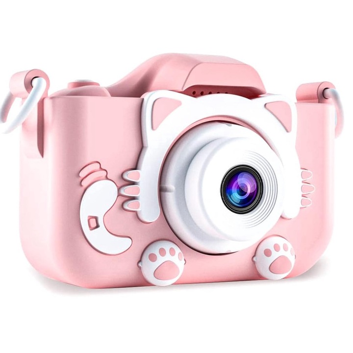 Camera Foto Digitala pentru Copii, Gonice, Dual-Camera, Silicon Antisoc, Ecran IPS, Roz, 32GB SD Card