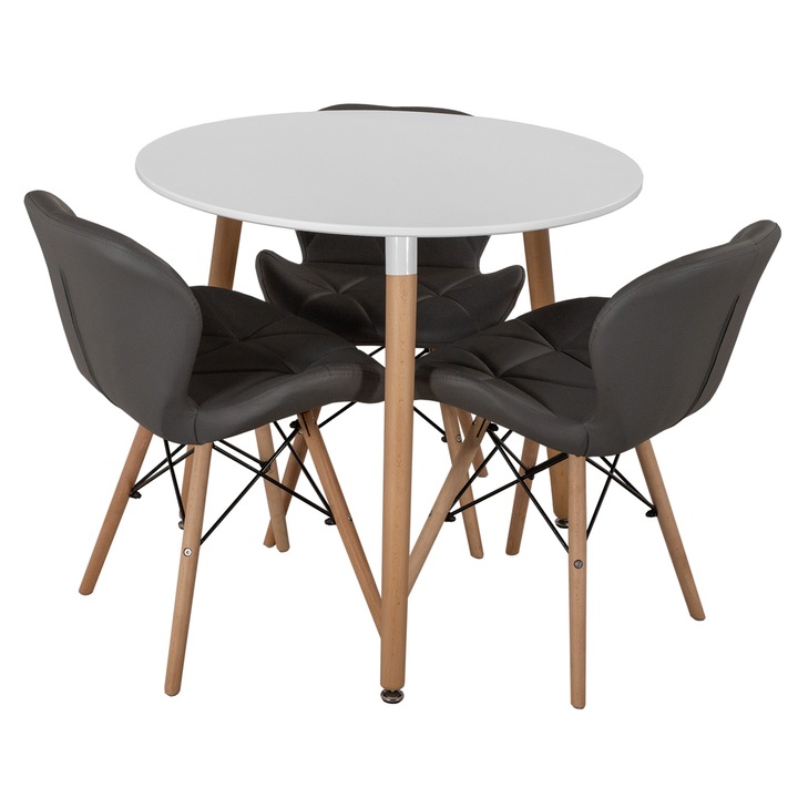Set masa Salzburg alba cu 3 scaune Oslo gri, DENVER, blat MDF alb, forma rotunda, 80x74 cm