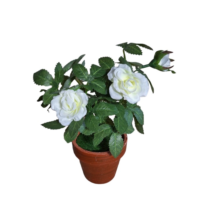 Trandafir decorativ artificial in ghiveci, alb, 21 cm
