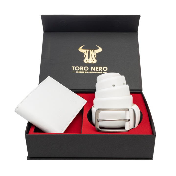 Set portofel si curea, barbati, din piele naturala, alb, V.I.P